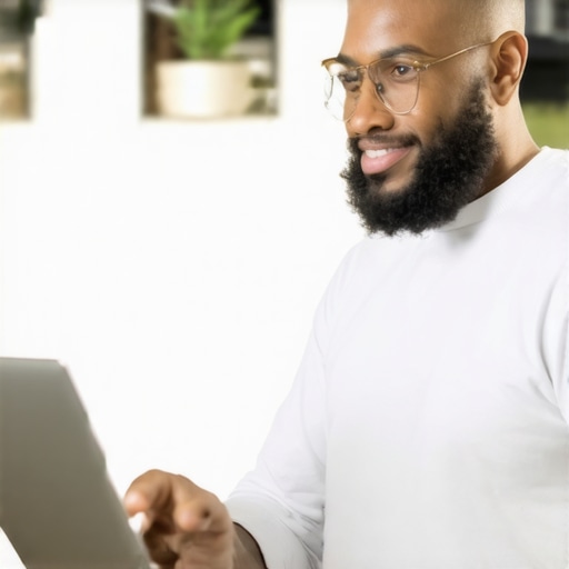 Business owner working on GMB profile with schema and visual content.