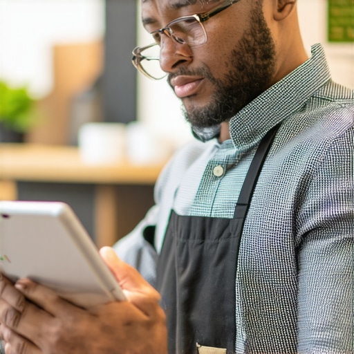 Business owner reviewing Google My Business data on a tablet.
