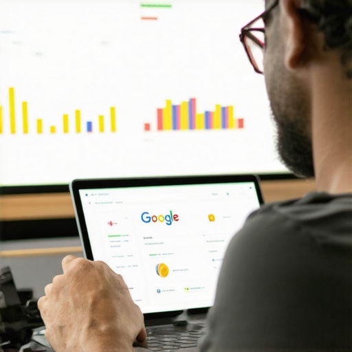 Local Business Owner Optimizing GMB Profile Business owner managing Google My Business profile on laptop with analytics charts