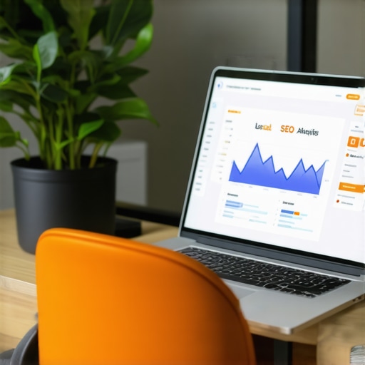 Advanced Local SEO Analytics Business professional analyzing local SEO data on a laptop in a modern office.