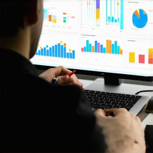 Advanced Local SEO Data Analysis Marketer analyzing SEO data on screen with charts and graphs for local Google Maps ranking