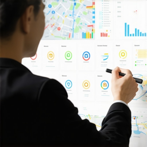 Analyzing Local SEO Data for GMB Optimization in 2025 Person analyzing SEO data on digital dashboard with maps and graphs for local GMB success.