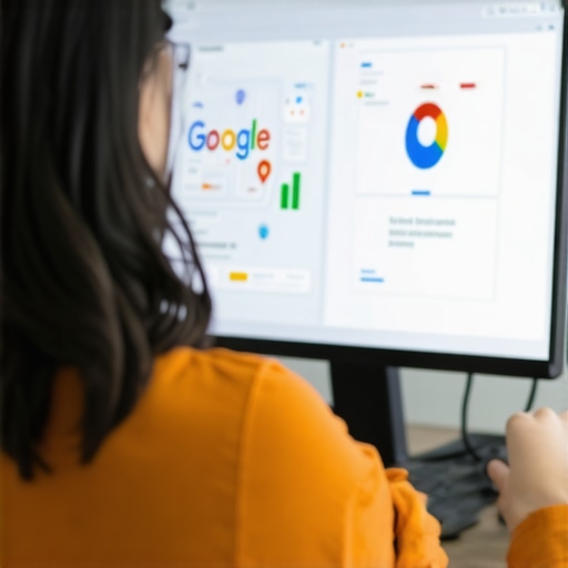 Digital marketer working on GMB profile optimization with charts and SEO indicators.