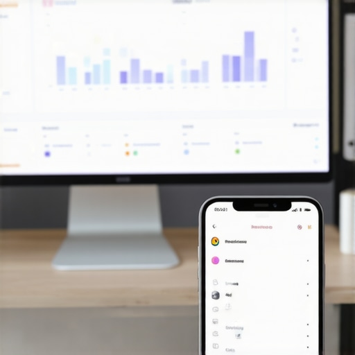Laptop and smartphone displaying GMB analytics and review notifications.