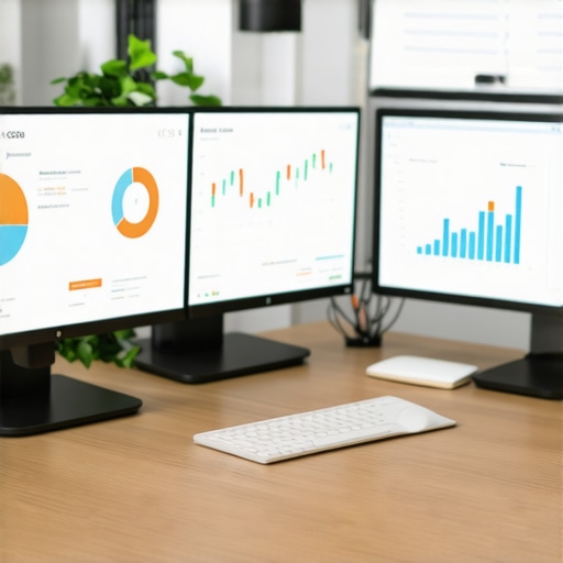 Workspace with screens displaying GMB ranking analytics and citation management software.