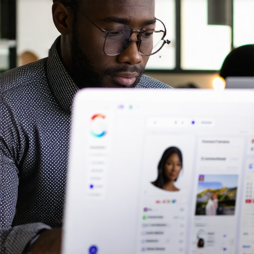 Business owner updating Google My Business profile on a laptop in an office.