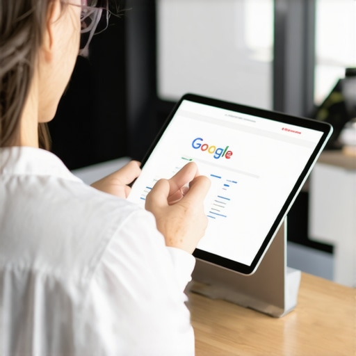 Business owner enhancing Google My Business profile on laptop with tools