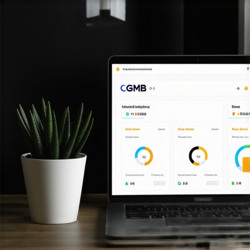 GMB Optimization Dashboard A laptop screen showing Google My Business analytics and SEO tools.