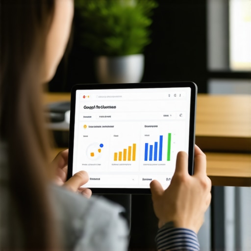 Business owner updating Google My Business profile on a tablet with analytics charts