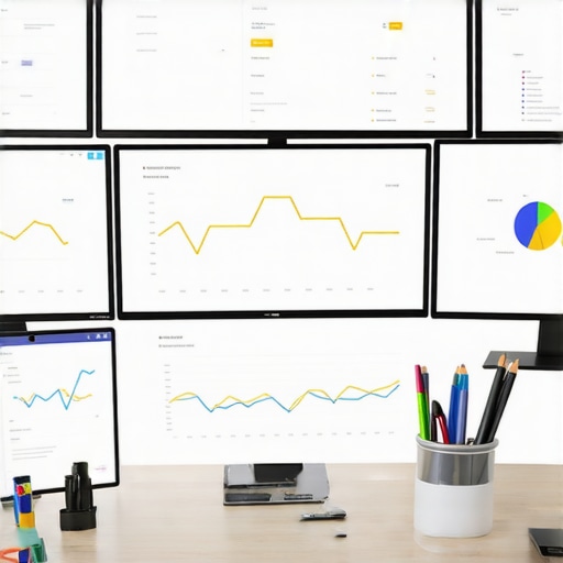A modern office with monitors showing GMB analytics and citation audits, emphasizing strategic local SEO maintenance.