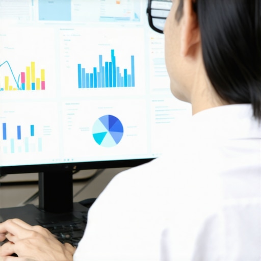 Business owner reviewing Google My Business analytics on a monitor