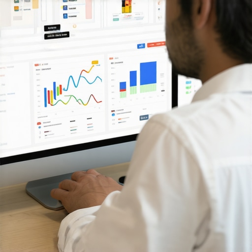 SEO expert reviewing Google My Business dashboard on a laptop with local map charts.