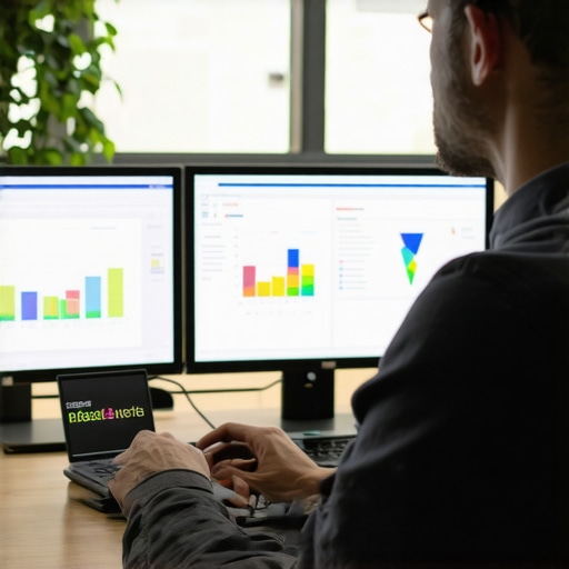 A professional digital marketer reviewing GMB analytics on multiple monitors, emphasizing tools that aid in local SEO management.