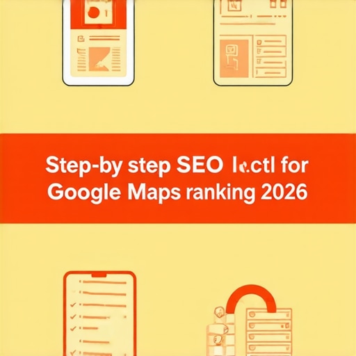 Infographic illustrating actionable steps for improving Google Maps rankings in 2026, including profile optimization, citations, engagement, and data monitoring.