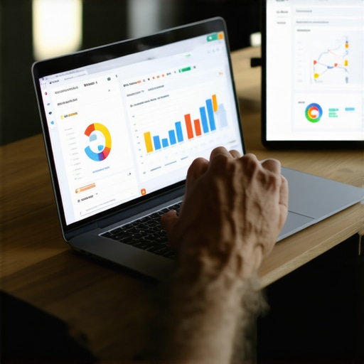 Person working on Google My Business profile with SEO tools and data charts.