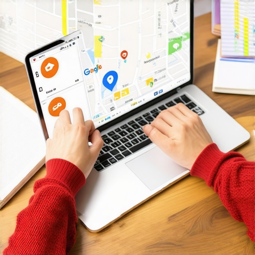 Person planning and scheduling Google My Business posts on laptop with local city map and keywords.